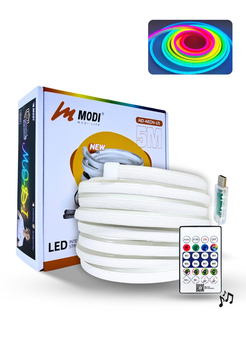 MODI - LED Intelligent RGB Neon Strip Light With USB - 8+ Color Modes & Music Mode - 5 Meter - Remote/App Control - 2H/4H/6H/8H Timer Setting - 5W - U7*14mm For Gaming PC, TV, Room Decor - Image 1