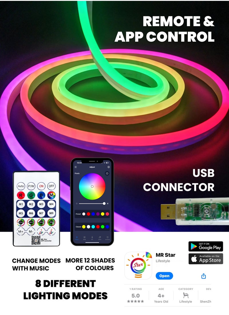 MODI - LED Intelligent RGB Neon Strip Light With USB - 8+ Color Modes & Music Mode - 5 Meter - Remote/App Control - 2H/4H/6H/8H Timer Setting - 5W - U7*14mm For Gaming PC, TV, Room Decor - Image 1