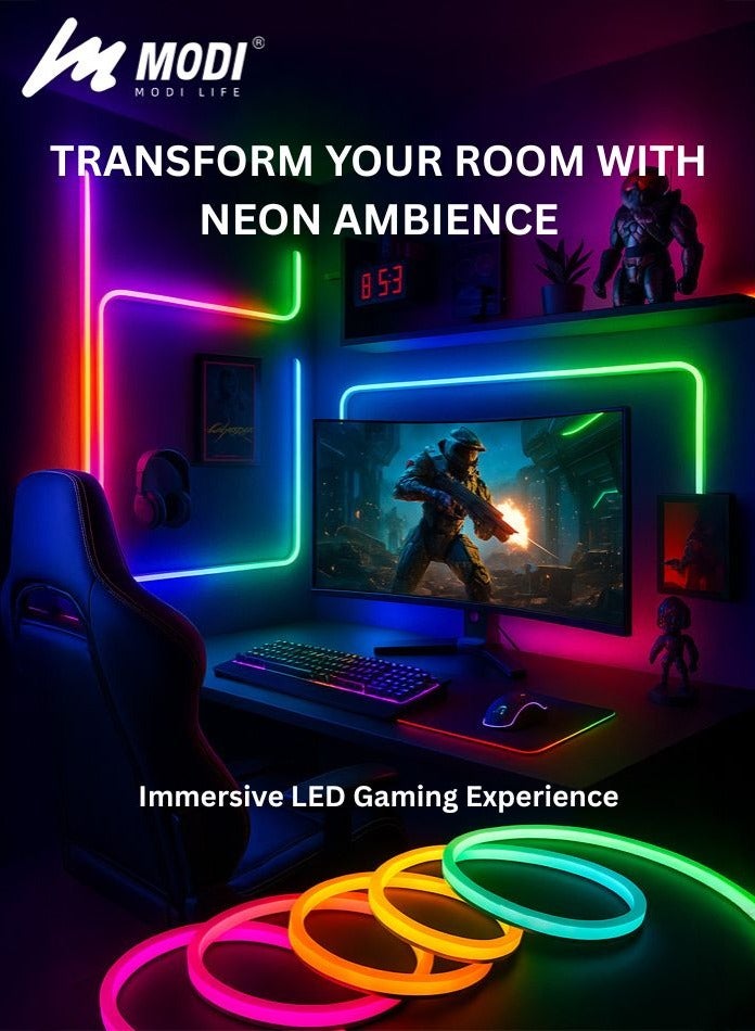MODI LED Intelligent RGB Neon Strip Light With USB - 8+ Color Modes & Music Mode - 5 Meter - Remote/App Control - 2H/4H/6H/8H Timer Setting - 5W - U7*14mm For Gaming PC, TV, Room Decor  - Image 1