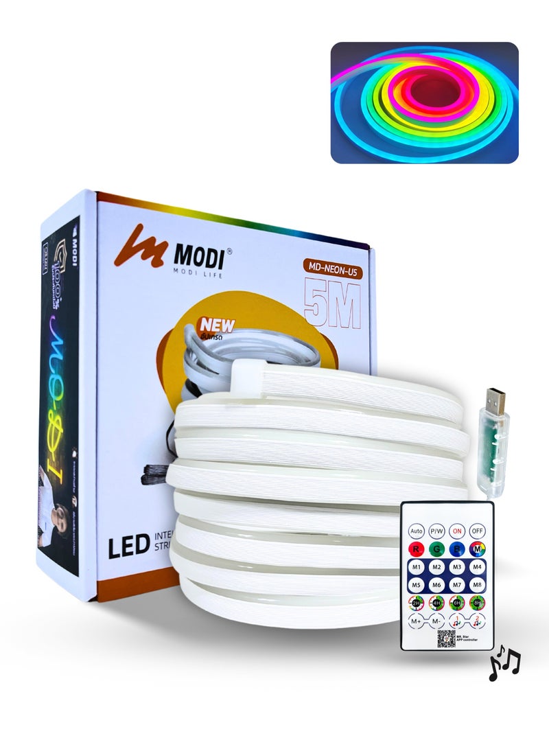 MODI LED Intelligent RGB Neon Strip Light With USB - 8+ Color Modes & Music Mode - 5 Meter - Remote/App Control - 2H/4H/6H/8H Timer Setting - 5W - U7*14mm For Gaming PC, TV, Room Decor  - Image 2