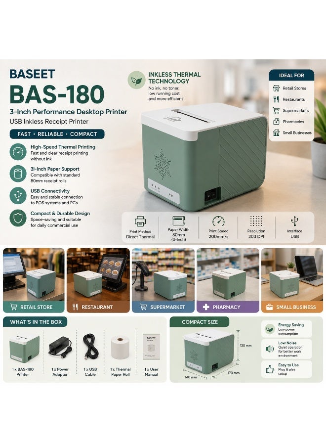 BASEET BAS-180 High-Speed Thermal POS Receipt Printer with USB Connection for Daily Business Use - Image 4