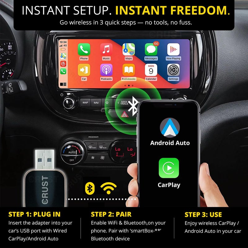 CRUST AutoLink W20 Car Wireless Android Auto & CarPlay Adapter Receiver - Convert Wired to Wireless. Plug & Play. Bluetooth + 5GHz WiFi. USB A/C. for Cars with OEM Wired Android Auto/CarPlay - Image 4