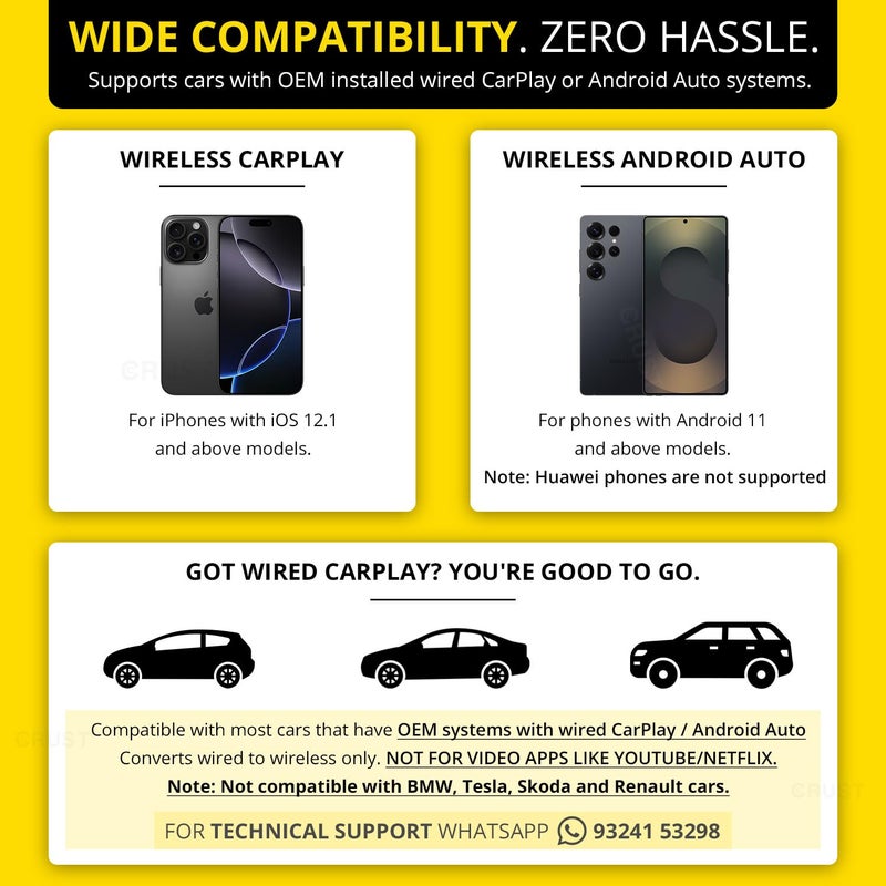 CRUST AutoLink W20 Car Wireless Android Auto & CarPlay Adapter Receiver - Convert Wired to Wireless. Plug & Play. Bluetooth + 5GHz WiFi. USB A/C. for Cars with OEM Wired Android Auto/CarPlay - Image 3