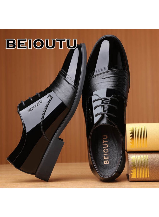 Beioutu Leather Shoes For Men, Business Formal Shoes, British Style Low-top Lace-up Men's Patent Leather Wedding Shoes, 2813 Black, Size 41 - Image 2
