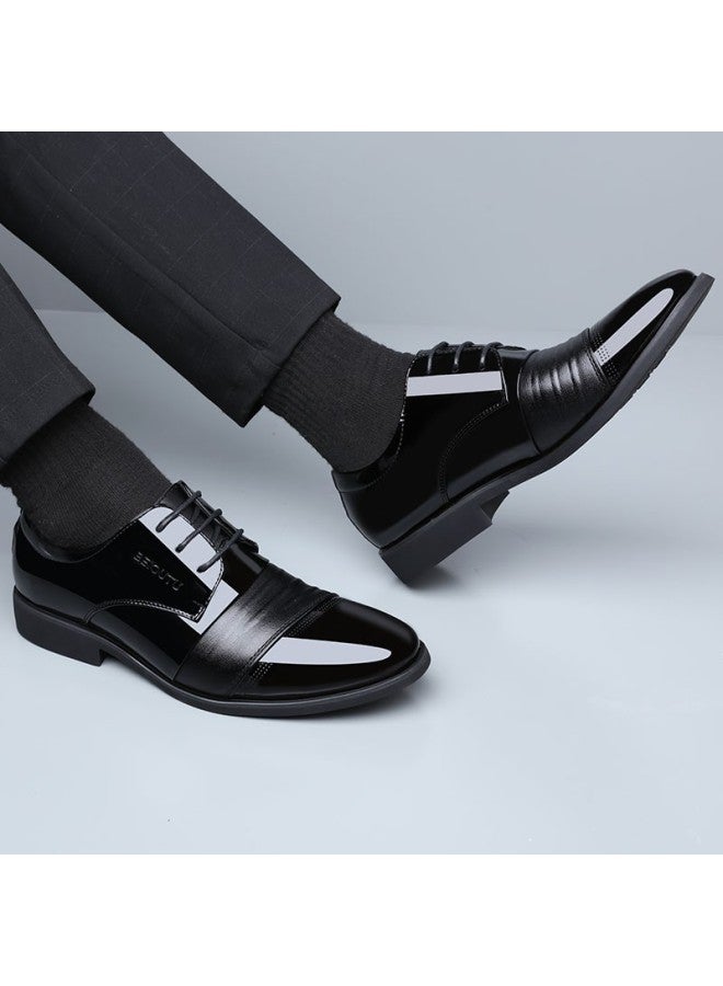 Beioutu Leather Shoes For Men, Business Formal Shoes, British Style Low-top Lace-up Men's Patent Leather Wedding Shoes, 2813 Black, Size 41 - Image 4