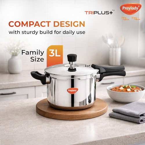 PrayLady Triply Pressure Cooker 3 LTR with SAS Body, Bakelite Handle | Vitro Ceramic, Halogen, Induction and Gas Compactible | Fast and Even Cooking | ISI Certified | 5 Year Warranty - Image 3