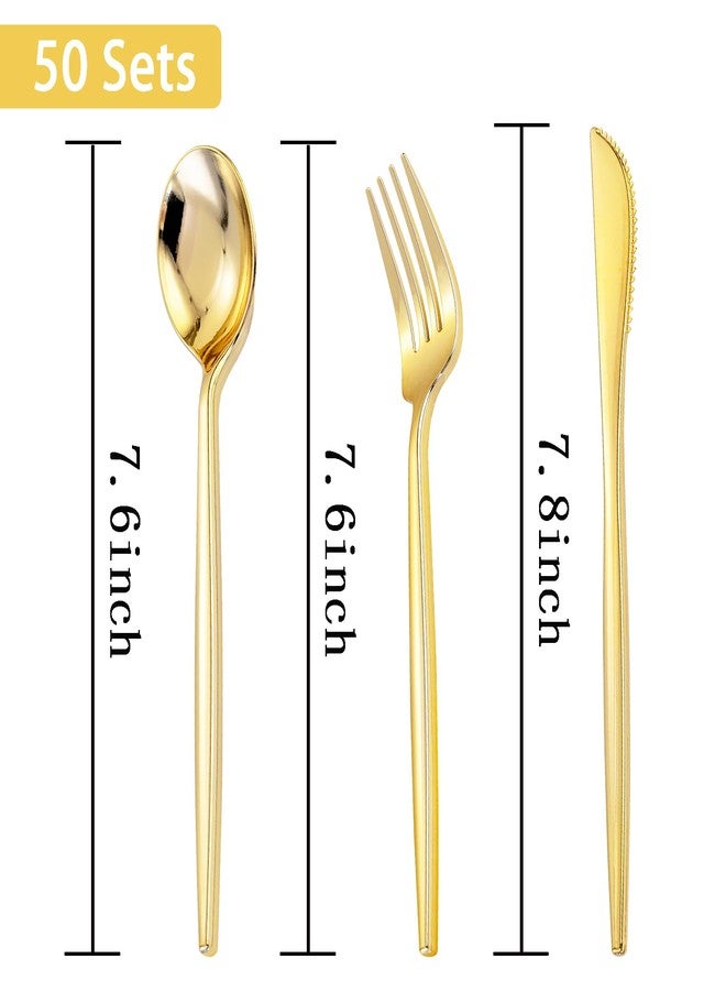 PULOTE 150PCS Gold Plastic Silverware Disposable - Heavy Duty Gold Plastic Cutlery - Gold Plastic Utensils Set Include 50 Knives,50 Forks,50 Spoons for Party&Wedding - Image 2