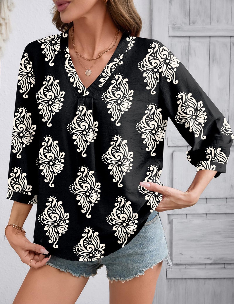 Lomon Womens Boho Tops 3/4 Length Sleeve Office Shirts for Women Dressy Summer Spring Top Loose Fitting Hippie Blouse - Image 3