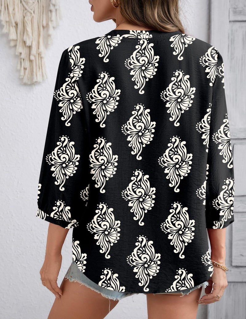Lomon Womens Boho Tops 3/4 Length Sleeve Office Shirts for Women Dressy Summer Spring Top Loose Fitting Hippie Blouse - Image 5