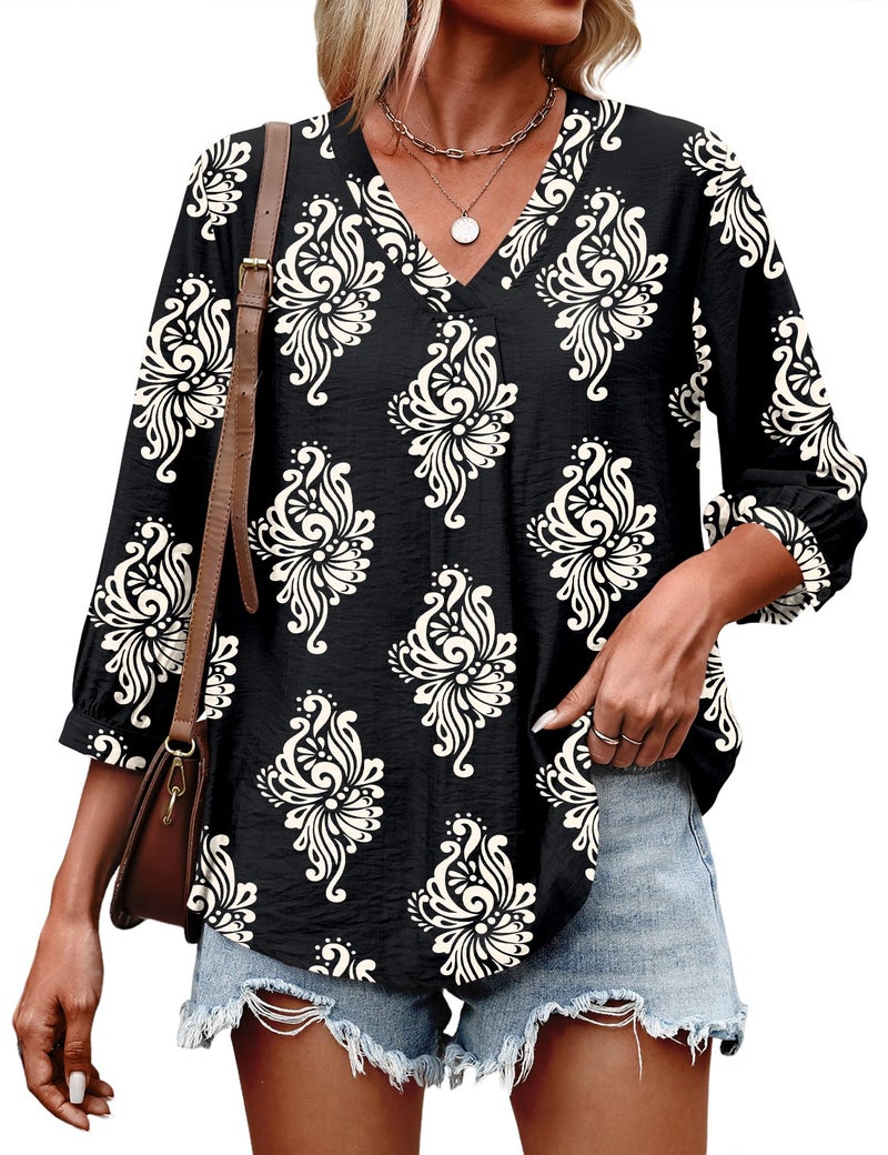 Lomon Womens Boho Tops 3/4 Length Sleeve Office Shirts for Women Dressy Summer Spring Top Loose Fitting Hippie Blouse - Image 4
