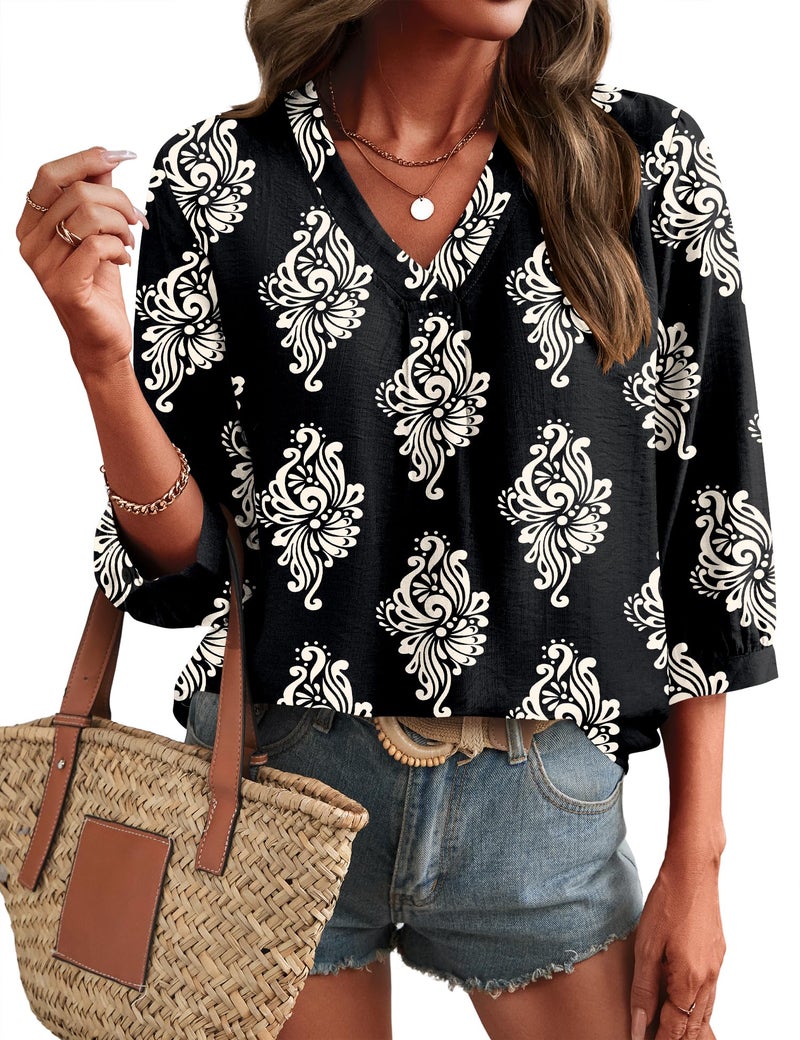 Lomon Womens Boho Tops 3/4 Length Sleeve Office Shirts for Women Dressy Summer Spring Top Loose Fitting Hippie Blouse - Image 1