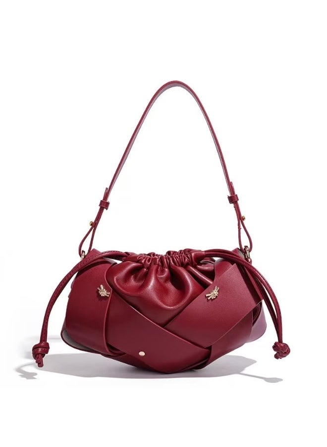 Women's Burgundy Ruched Drawstring Shoulder Bag, 26 cm - Image 1