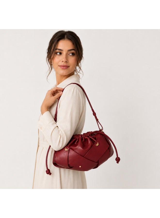 Women's Burgundy Ruched Drawstring Shoulder Bag, 26 cm - Image 2