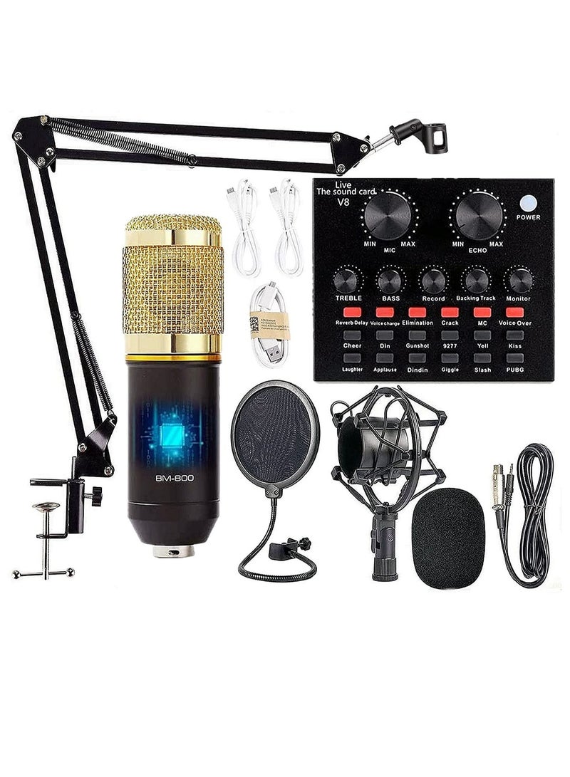 Podcast Equipment Bundle – BM-800 Microphone Kit with Live Sound Card, Adjustable Scissor Arm, Shock Mount & Pop Filter for Studio Recording (Gold)  - Image 1