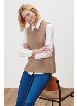Tchibo Women Ribbed Collar Knitted Vest Sweater, Dark Beige  - Image 1