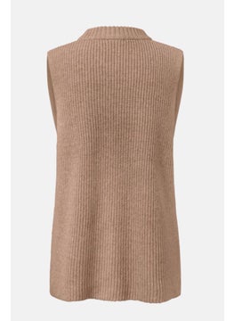 Tchibo Women Ribbed Collar Knitted Vest Sweater, Dark Beige  - Image 3