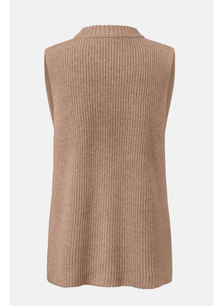 Tchibo - Women Ribbed Collar Knitted Vest Sweater, Dark Beige - Image 1