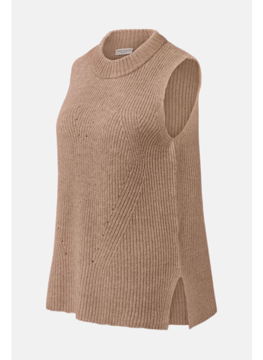 Tchibo - Women Ribbed Collar Knitted Vest Sweater, Dark Beige - Image 1