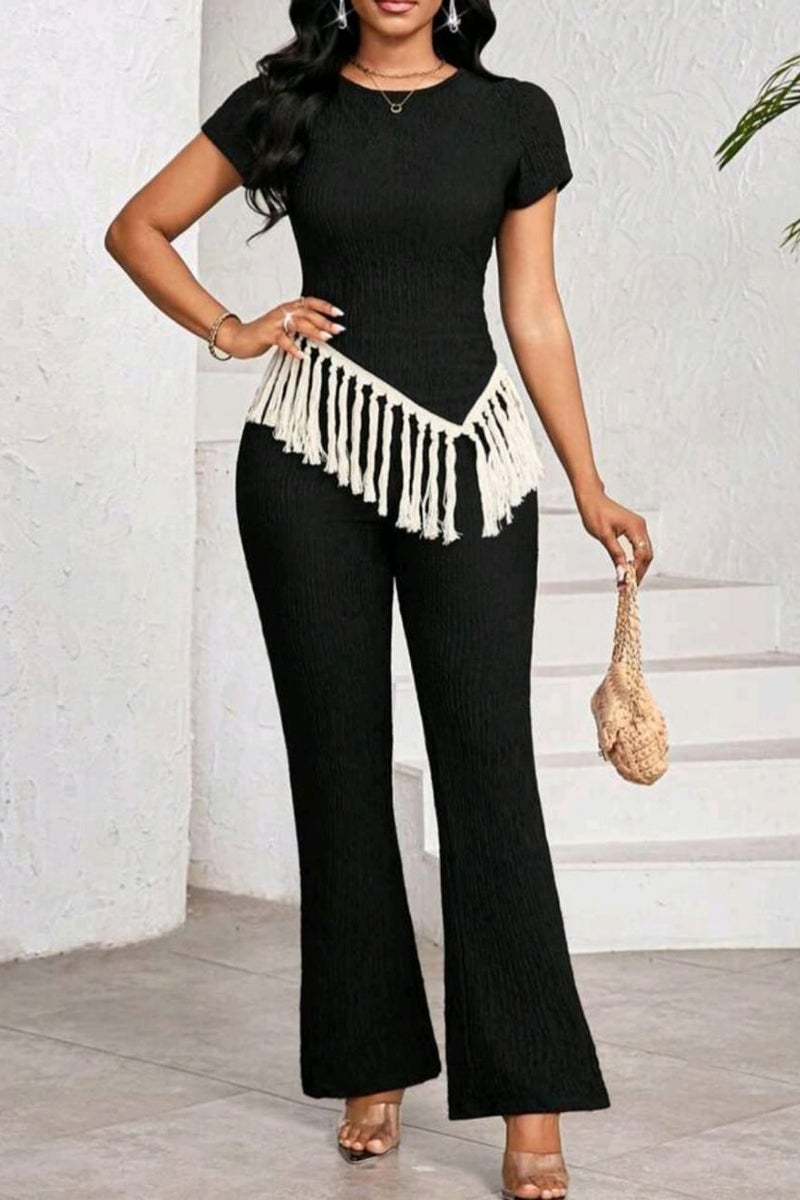 SHEIN Lady 2pcs/Set Women Fashion Patchwork Tassel Hem Round Neck Short Sleeve Top And Pants Set - Image 5