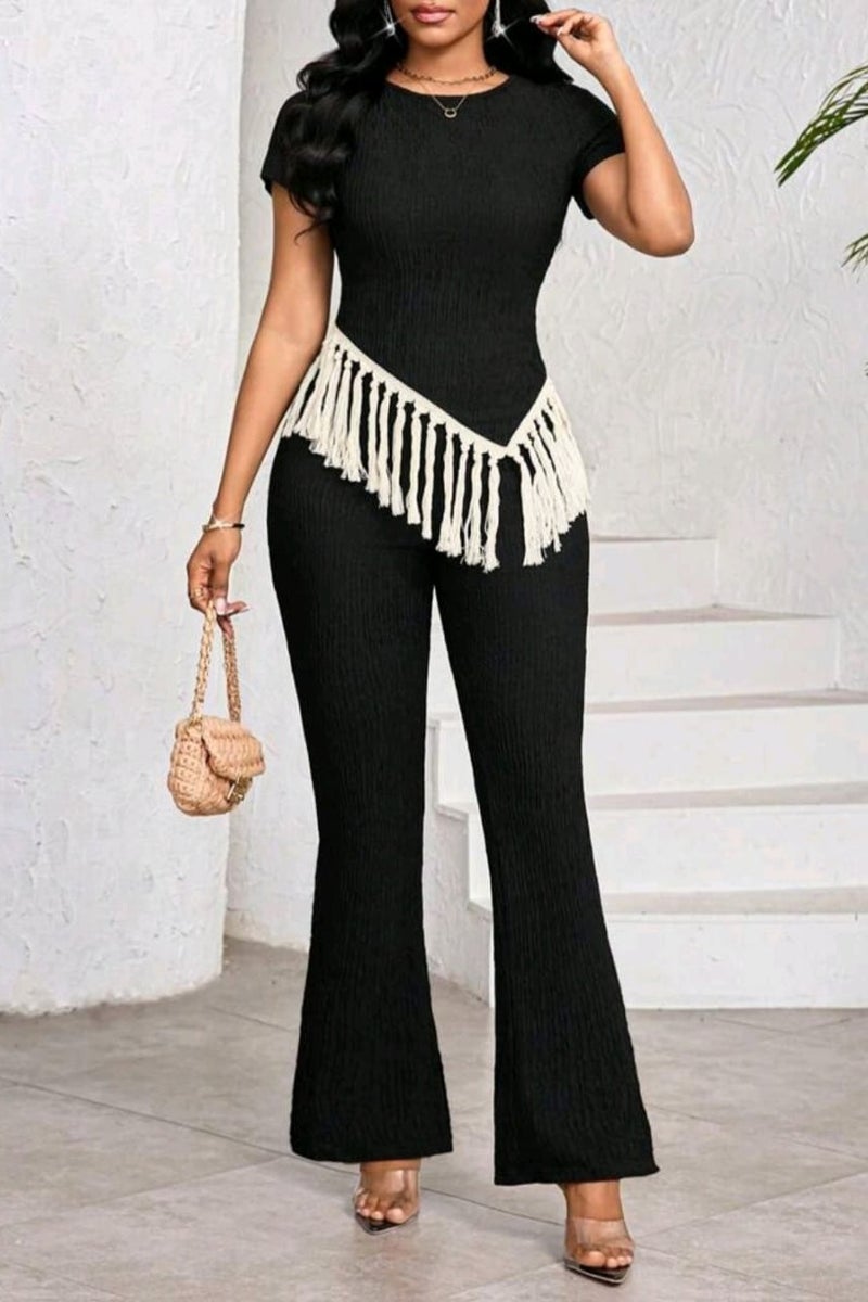 SHEIN Lady 2pcs/Set Women Fashion Patchwork Tassel Hem Round Neck Short Sleeve Top And Pants Set - Image 1