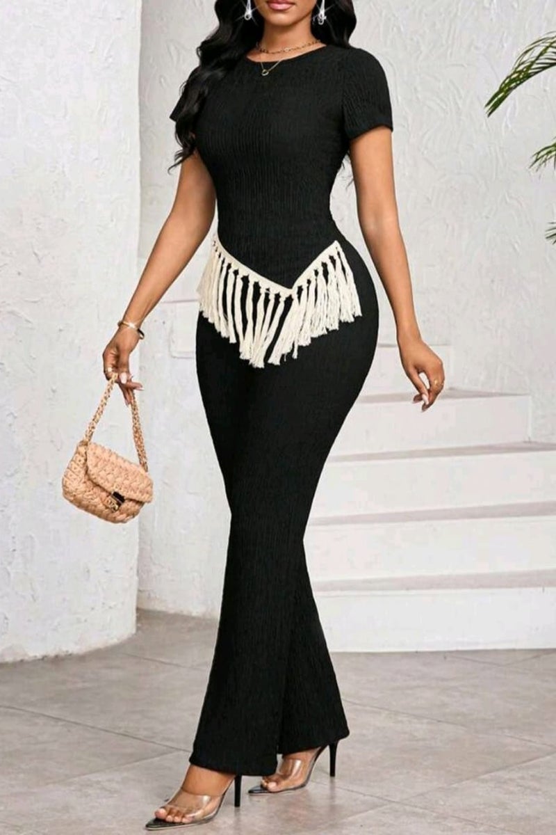 SHEIN Lady 2pcs/Set Women Fashion Patchwork Tassel Hem Round Neck Short Sleeve Top And Pants Set - Image 3