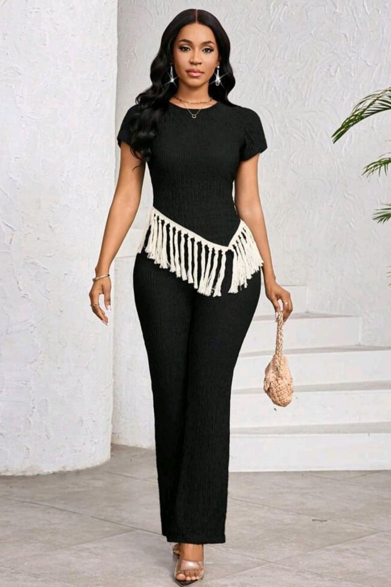 SHEIN Lady 2pcs/Set Women Fashion Patchwork Tassel Hem Round Neck Short Sleeve Top And Pants Set - Image 2