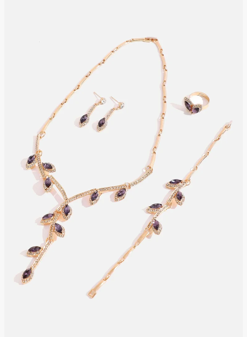SOHI Gold Plated Designer Stone Necklace, Earring, Ring and Bracelet Set