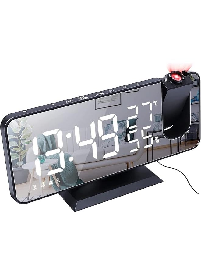 Projection Alarm Clock Digital Alarm Clock Radio Dual Loud Smart Alarm Clock For Bedroom With Usb Power Cable 7.4 Inch Mirror Led Display Screen Auto Dimmer Mode For Heavy Light Sleepers