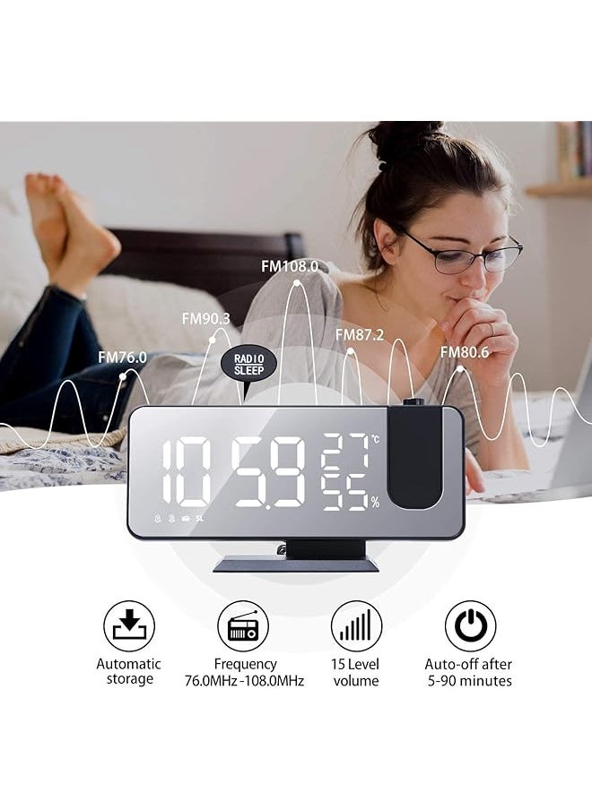 Projection Alarm Clock Digital Alarm Clock Radio Dual Loud Smart Alarm Clock For Bedroom With Usb Power Cable 7.4 Inch Mirror Led Display Screen Auto Dimmer Mode For Heavy Light Sleepers
