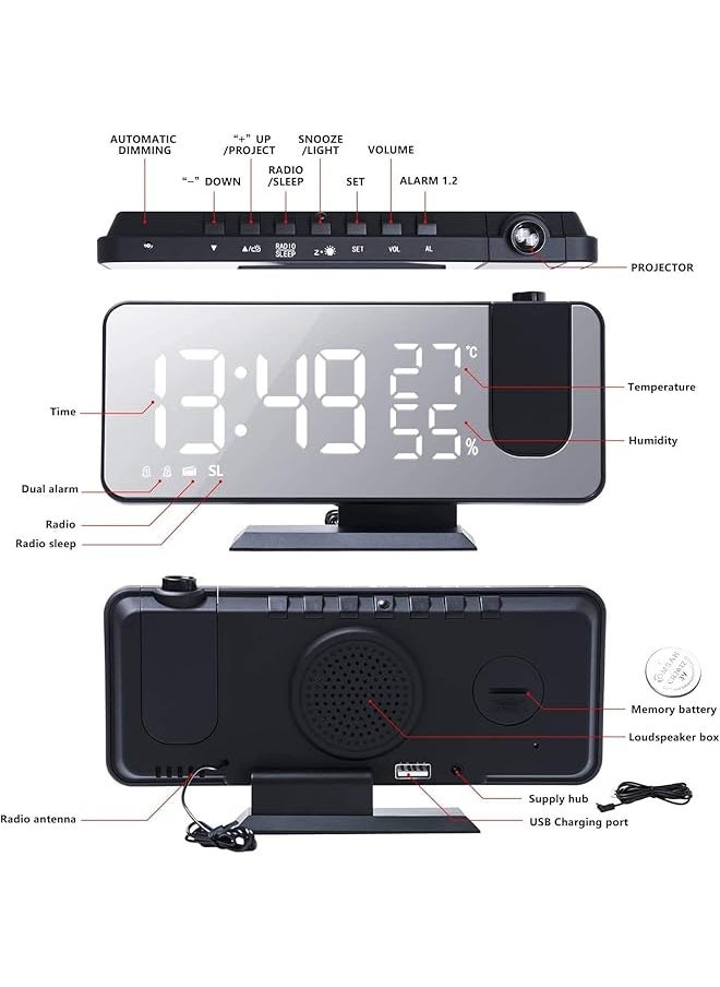 Projection Alarm Clock Digital Alarm Clock Radio Dual Loud Smart Alarm Clock For Bedroom With Usb Power Cable 7.4 Inch Mirror Led Display Screen Auto Dimmer Mode For Heavy Light Sleepers