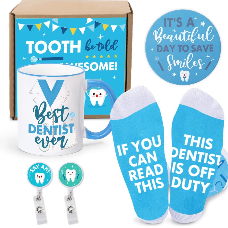 Nefelibata Dentist Gift Box for Men Funny Dentist Socks Coffee Mug Ceramic Coaster Dentist Badge Reel Dentist Appreciation Graduation Birthday Christmas Gift Idea for Dental Practioner Dental Assistant Hygenist