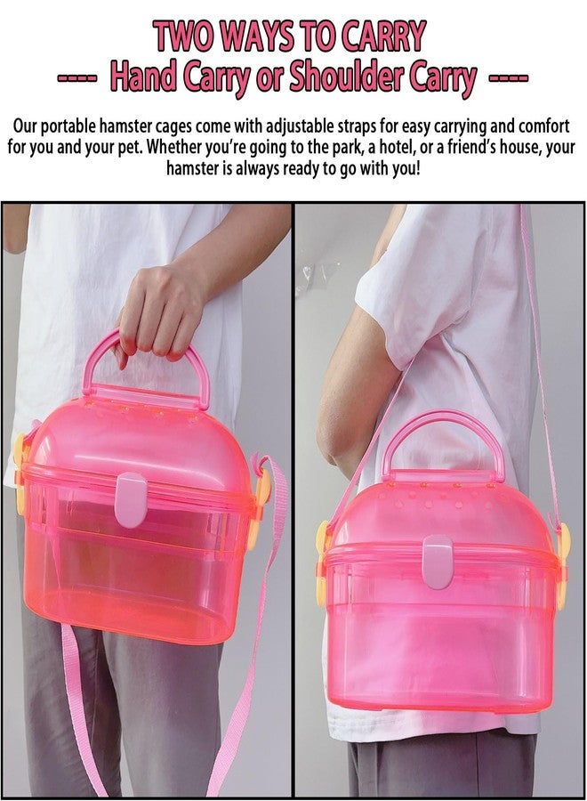 kathson Portable Hamster Cage Dwarf Hamster Carry Case Syrian Hamster Carry Travel Cage with House Food Bowl Adjustable Strap Pet Outgoing Cages Carrier for Small Hamster Young Guinea Pig Pink - Image 4