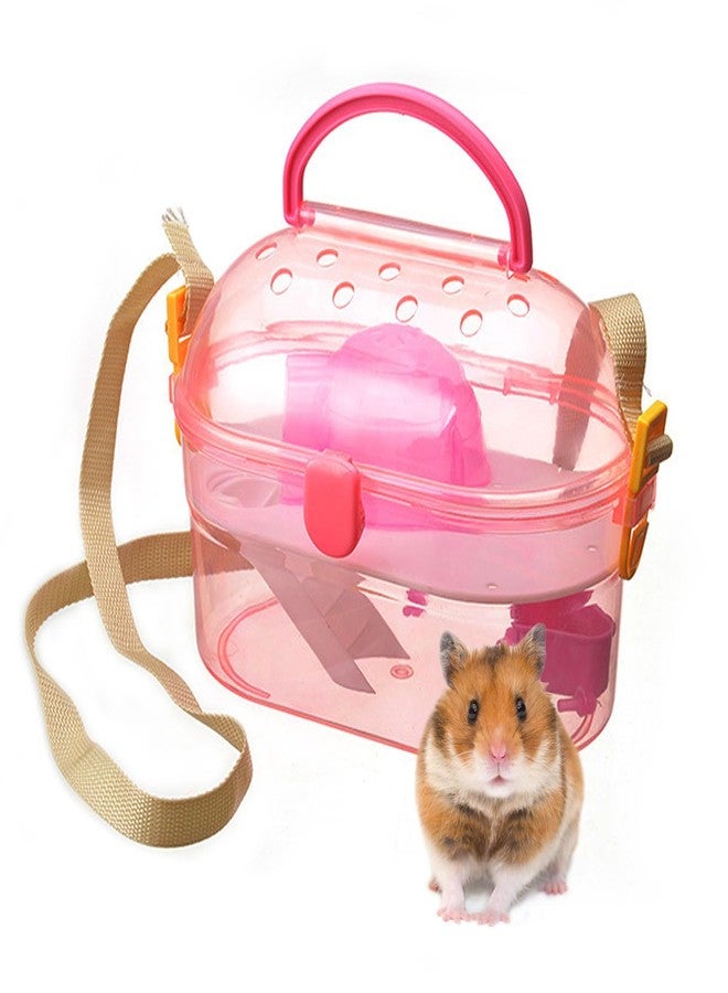 kathson Portable Hamster Cage Dwarf Hamster Carry Case Syrian Hamster Carry Travel Cage with House Food Bowl Adjustable Strap Pet Outgoing Cages Carrier for Small Hamster Young Guinea Pig Pink - Image 1