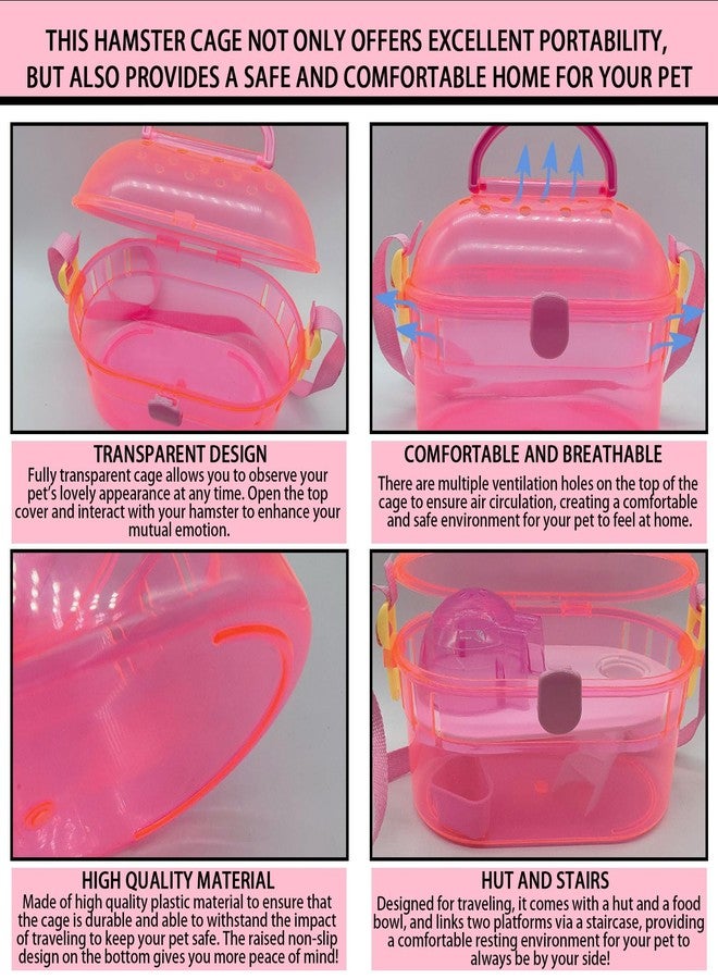 kathson Portable Hamster Cage Dwarf Hamster Carry Case Syrian Hamster Carry Travel Cage with House Food Bowl Adjustable Strap Pet Outgoing Cages Carrier for Small Hamster Young Guinea Pig Pink - Image 3