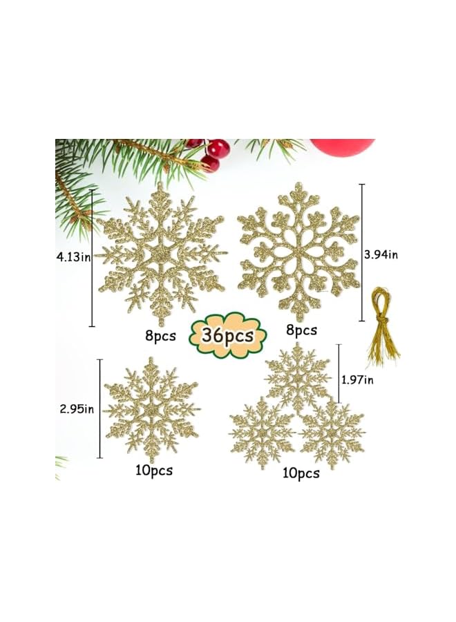 The Bros 36 قطعة زينة ثلجية ذهبية لعيد الميلاد، زينة ثلجية لامعة بلاستيكية، زينة ثلجية معلقة، لتزيين شجرة عيد الميلاد في الشتاء، هدايا، غرف، مطاعم، متاجر - Image 2