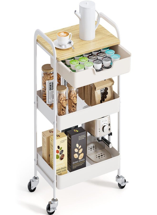 TOOLF 3-Tier Metal Utility Rolling Cart with Drawer and Wooden Table Top, Storage Cart White Trolley Kitchen Organizer Rolling Desk with Locking Wheels for Office, Classroom, Home, Bedroom - Image 1