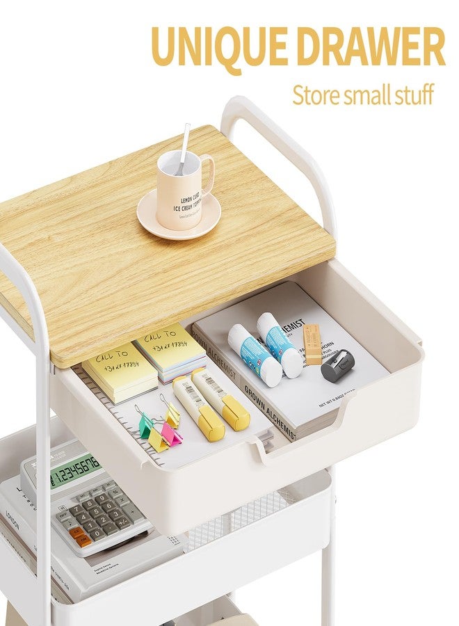 TOOLF 3-Tier Metal Utility Rolling Cart with Drawer and Wooden Table Top, Storage Cart White Trolley Kitchen Organizer Rolling Desk with Locking Wheels for Office, Classroom, Home, Bedroom - Image 3