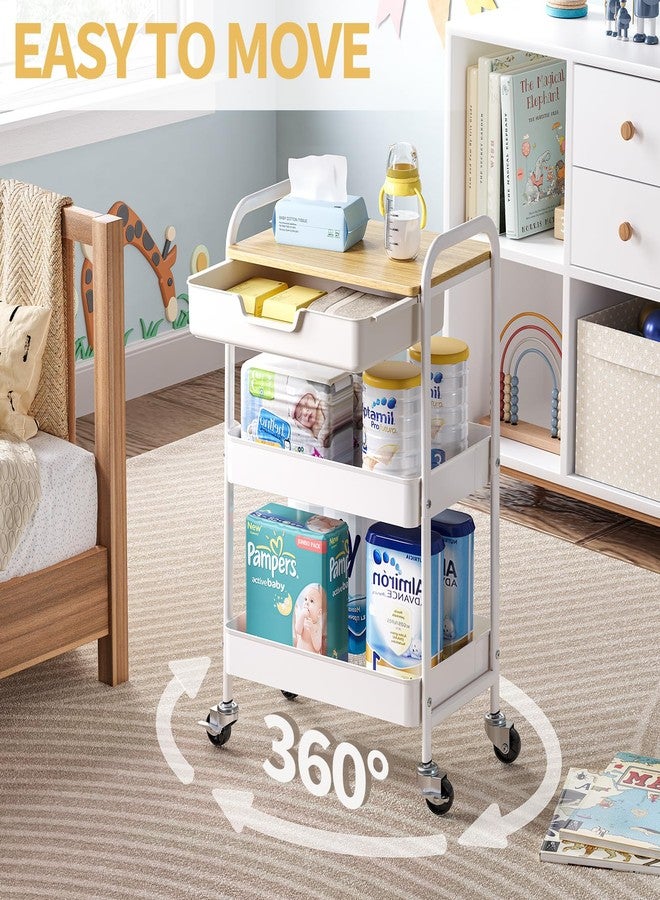 TOOLF 3-Tier Metal Utility Rolling Cart with Drawer and Wooden Table Top, Storage Cart White Trolley Kitchen Organizer Rolling Desk with Locking Wheels for Office, Classroom, Home, Bedroom - Image 2