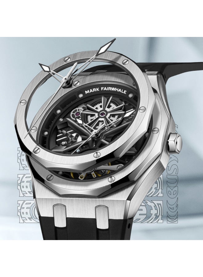 Mark Fairwhale Men's Luminous Tourbillon Automatic Watch - Water Resistant, Black Dial, Silver Case & Black Silicone Strap - Image 2