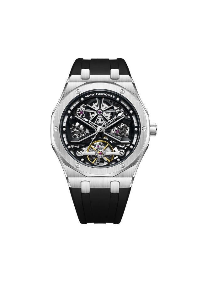 Mark Fairwhale Men's Luminous Tourbillon Automatic Watch - Water Resistant, Black Dial, Silver Case & Black Silicone Strap - Image 1