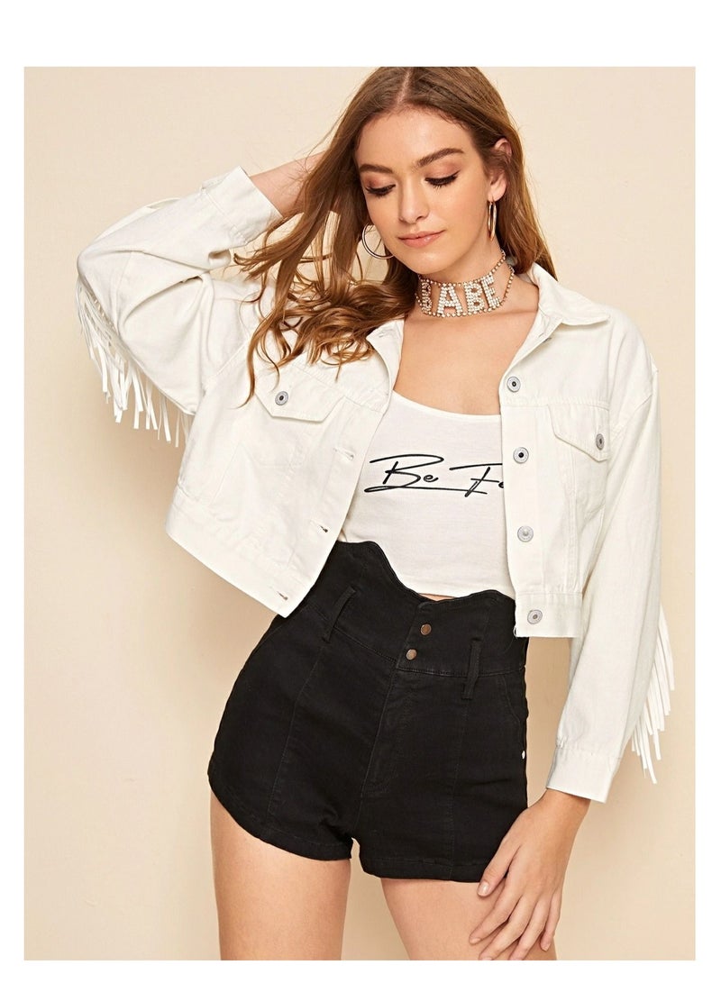 Loquat Casual denim jacket tassel short jacket for women White - Image 3