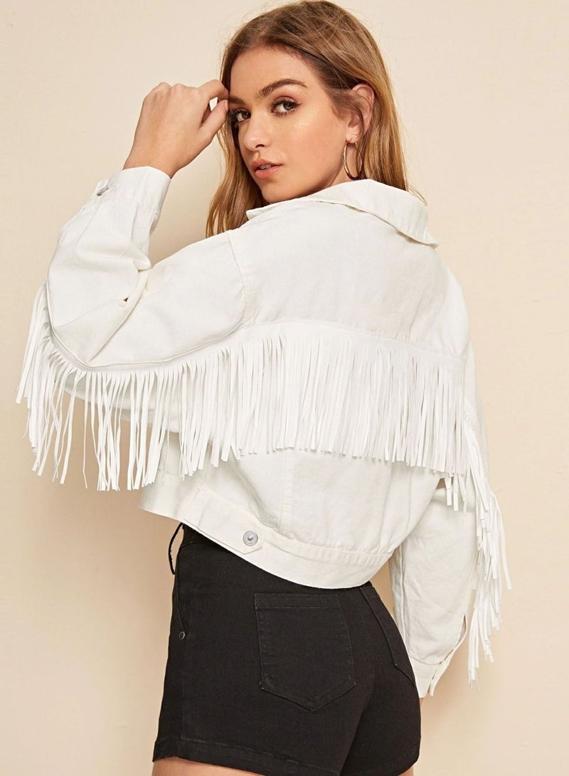 Loquat Casual denim jacket tassel short jacket for women White - Image 1