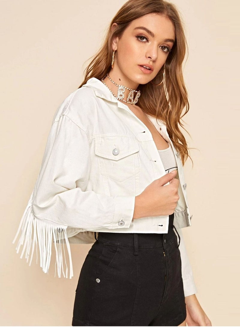 Loquat Casual denim jacket tassel short jacket for women White - Image 4