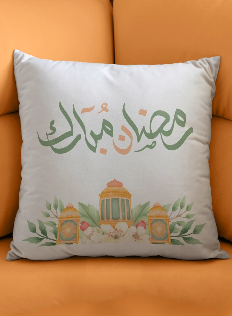 لوحة غطاء وسادة من البوليستر بتصميم رمضان مبارك مع ورود وفوانيس رمضان
