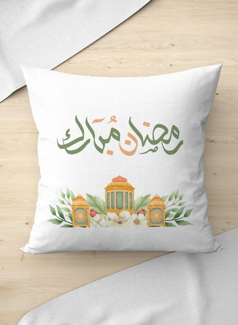 لوحة غطاء وسادة من البوليستر بتصميم رمضان مبارك مع ورود وفوانيس رمضان
