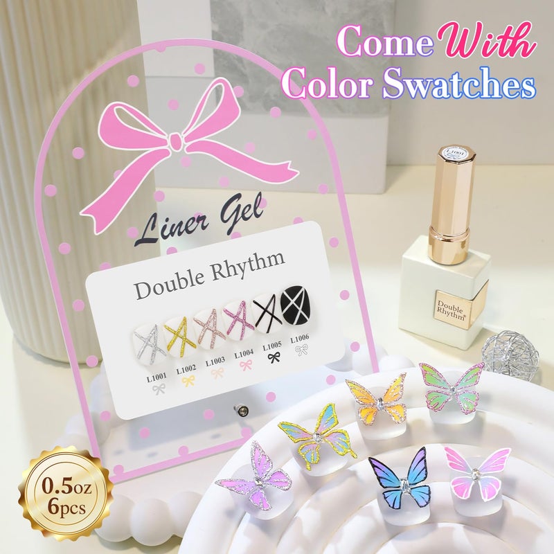 Double Rhythm 6 Pcs 15 ML Gel Liner Polish Nail Art Set Chrome Metallic Glitter Soak Off Gel Polish Kit Nail Art Manicure Salon DIY at Home for Women (Gold Silver Black White-T6-52) - Image 3