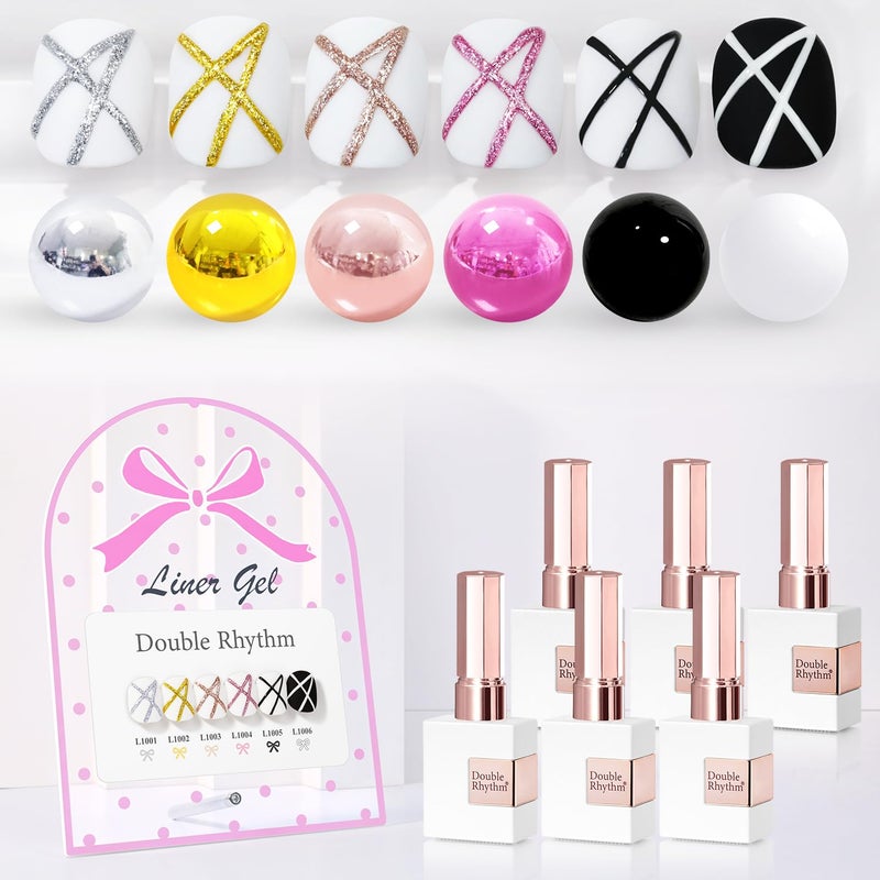 Double Rhythm 6 Pcs 15 ML Gel Liner Polish Nail Art Set Chrome Metallic Glitter Soak Off Gel Polish Kit Nail Art Manicure Salon DIY at Home for Women (Gold Silver Black White-T6-52) - Image 1
