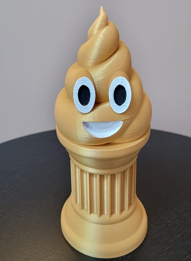 Znet3D Poop Emoji Trophy - 6" inches Tall - Featuring a Solid Poop Emoji on a Pillar w/Painted Eyes and Mouth - Perfect Award or Gift - Handmade w/Additive Manufacturing (Gold) - Image 1