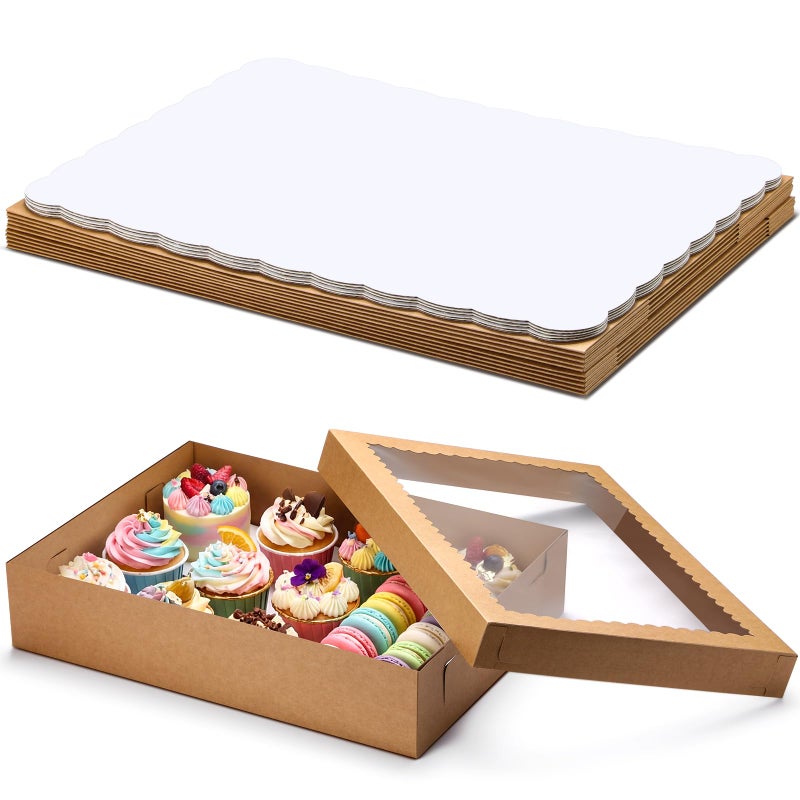 Sinload 10 Pcs 19x14x4 Inch Half Sheet Cake Boxes 5pcs Large Rectangle Bakery Boxes with 5pcs Cake Boards for Pastry Baking, Cupcakes, Donuts, Cookies, Pie Treat Packaging (Brown) - Image 1