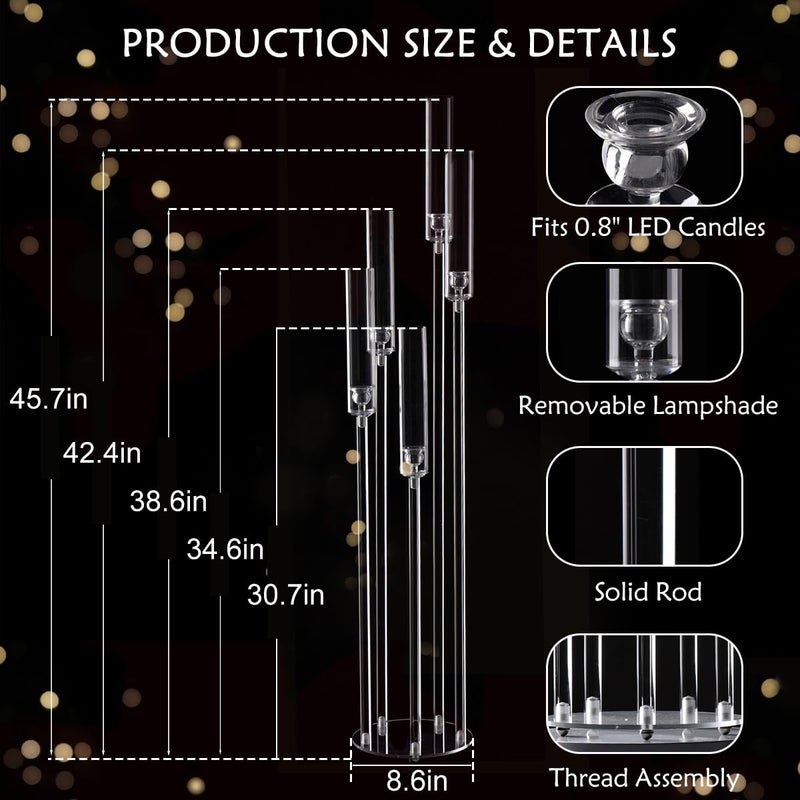 Fullvaseer 4pcs 5 Arm Acrylic Candelabra,Clear Candle Holder for Wedding,45.7inch Tall Floor Candle Holders for Ceremony Birthday Party Home Decoration Fit 0.8 LED Candles - Image 3